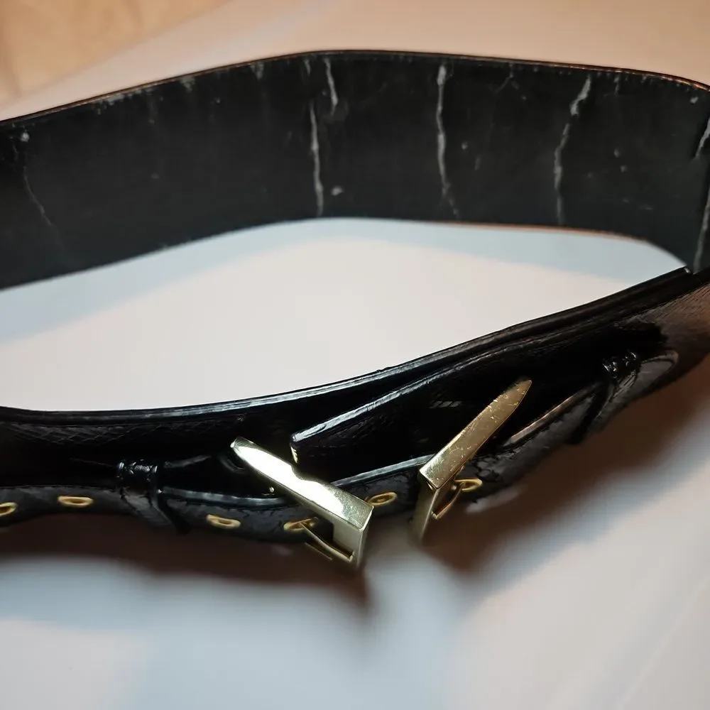 Y2K Black Faux Snakeskin Belt with Gold Buckle 26